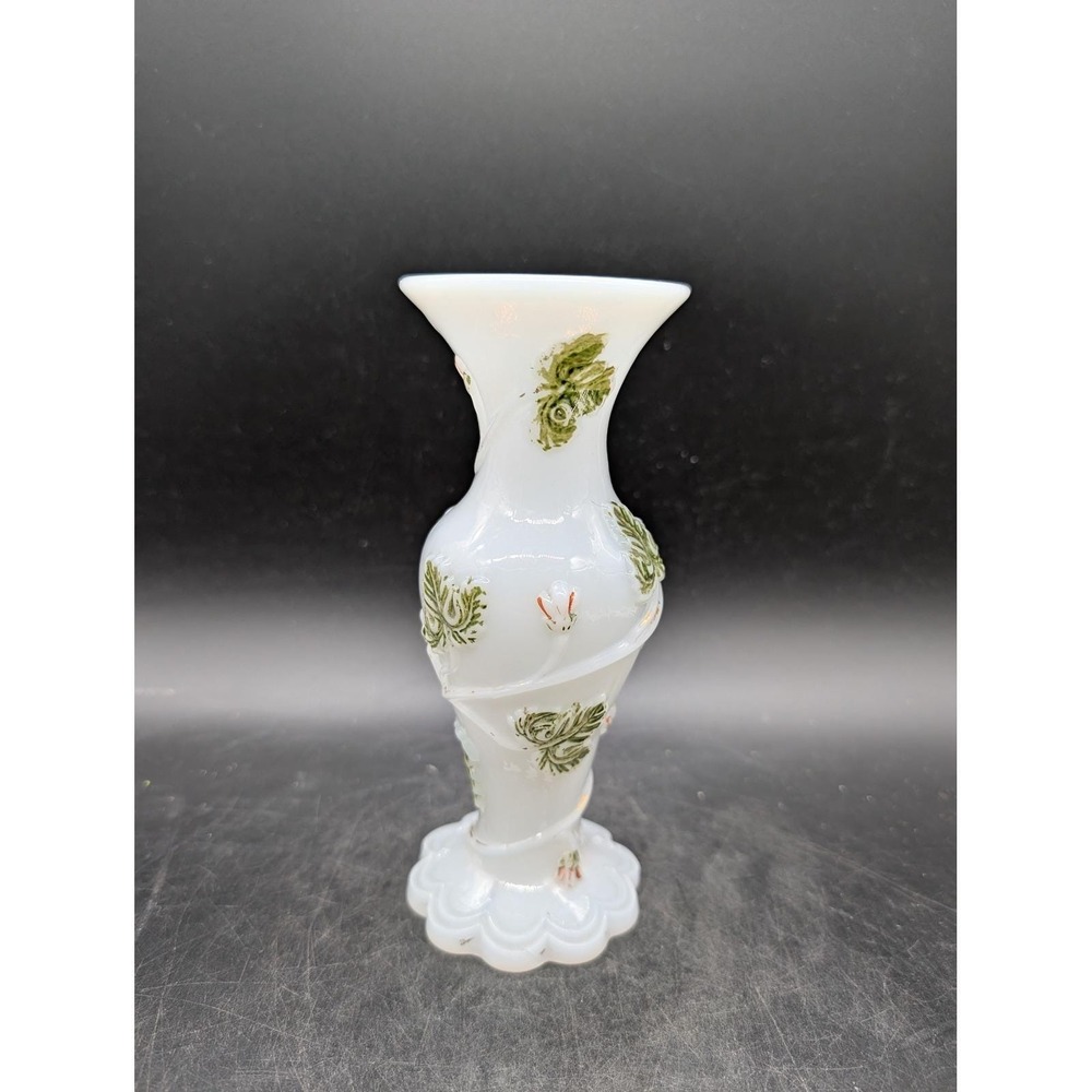Antique Opaline De Foire Bud Milk Glass Vase Spiral Scalloped Base Green Leaves